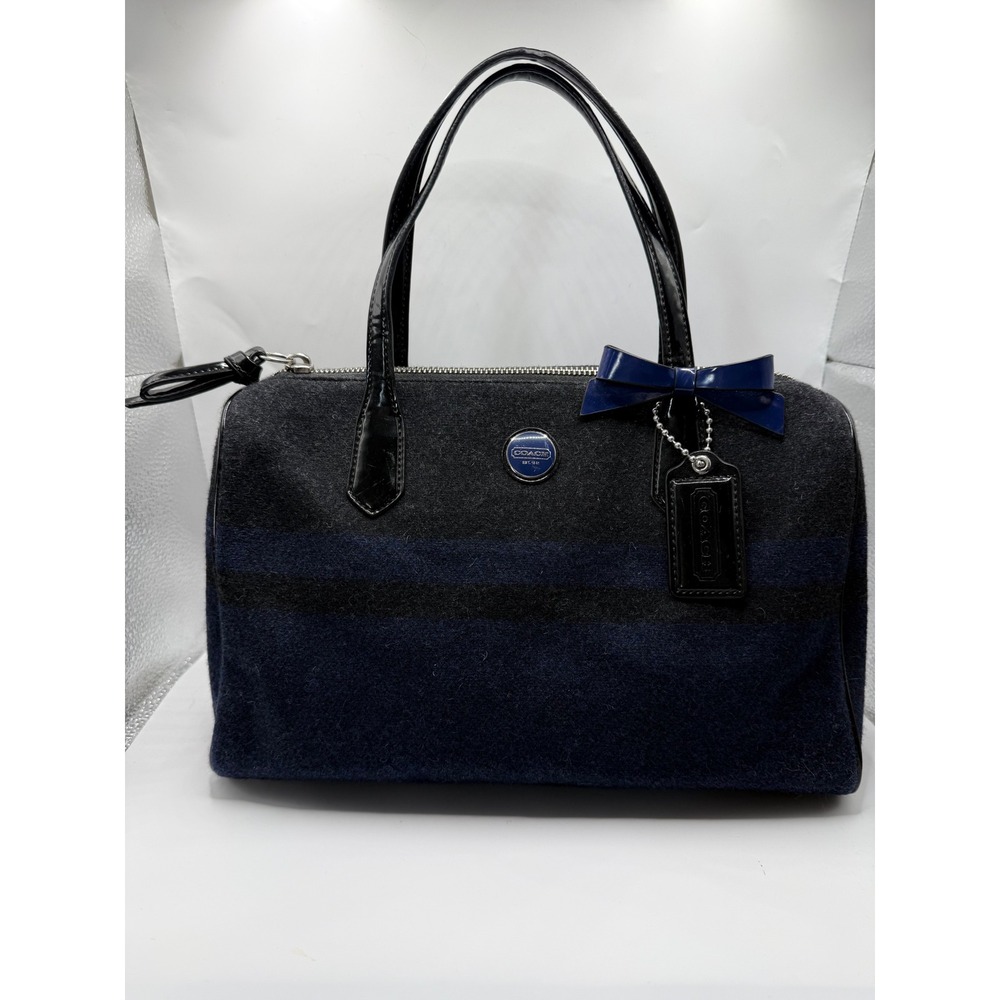 Coach Satchel Bag Women Medium Navy Blue Gray Excellent Wool Bow F24784 Y2K